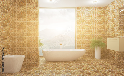 Modern bathroom including bath and sink. 3D rendering.. Sunset.