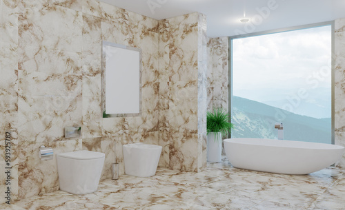 Spacious bathroom in gray tones with heated floors  freestanding tub. 3D rendering.. Mockup.   Empty paintings
