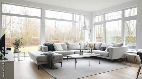 A living room of a beautiful bright modern Scandinavian style house with large windows opening, generative AI