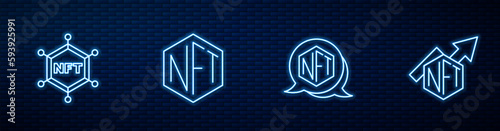 Set line NFT Digital crypto art, blockchain technology, and growth bar chart. Glowing neon icon on brick wall. Vector