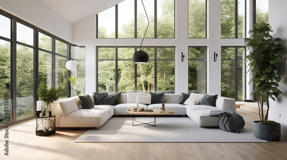 A living room of a beautiful bright modern Scandinavian style house with large windows opening, generative AI