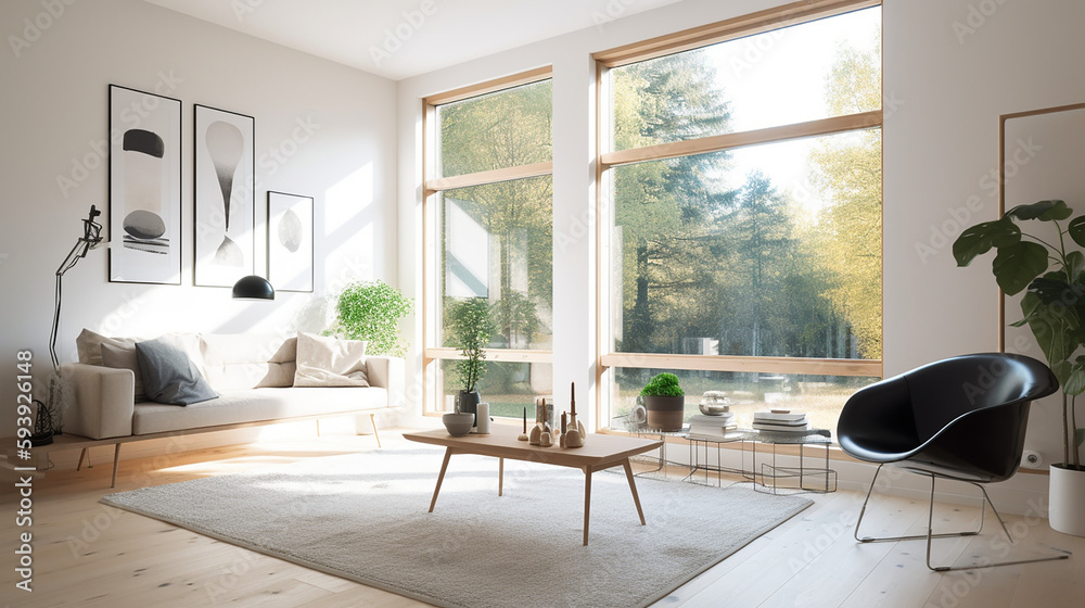 A living room of a beautiful bright modern Scandinavian style house with large windows opening, generative AI A living room of a beautiful bright modern Scandinavian style house with large windows opening, generative AI