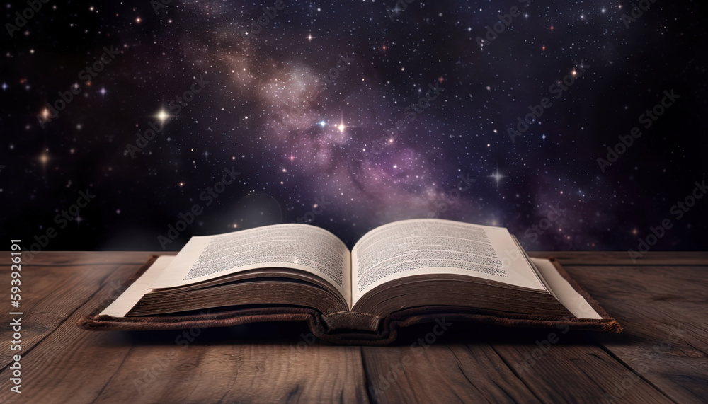 Old open books on wooden table on galaxy background Old open books on wooden table on galaxy background