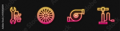 Set line Automotive turbocharger, Car service, Alloy wheel for car and air pump. Glowing neon icon. Vector