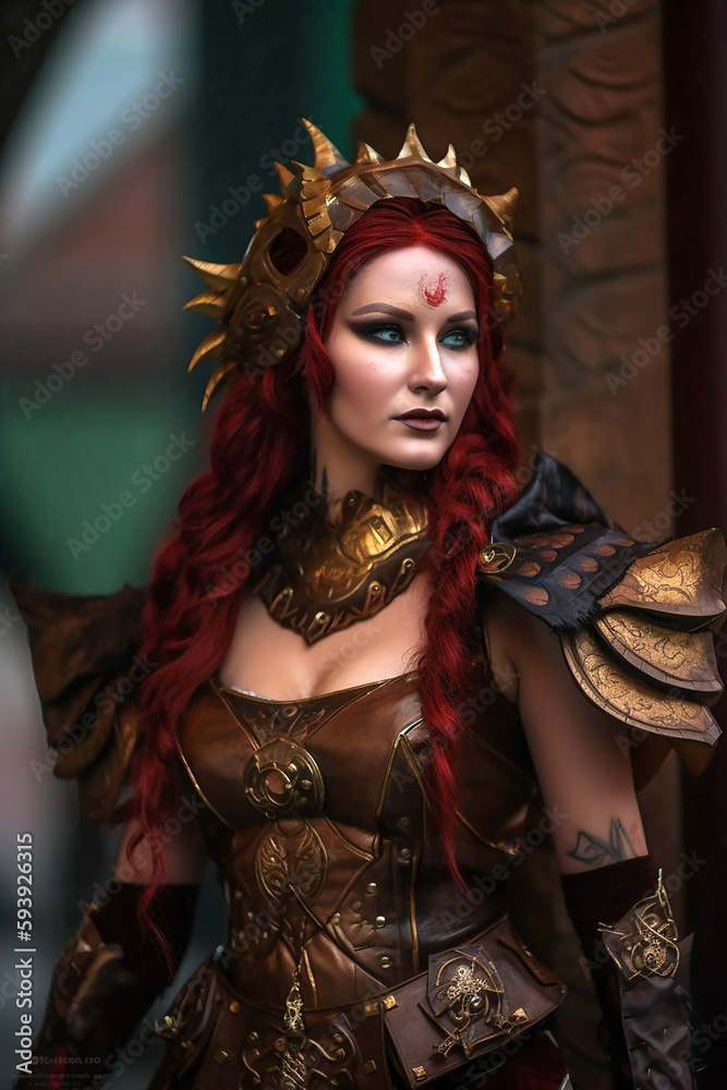 Young red-haired queen in medieval fantasy leather armor. Medieval cosplay created with generative AI
