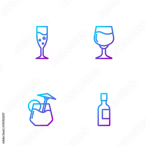 Set line Champagne bottle  Cocktail  Glass of champagne and Wine glass. Gradient color icons. Vector