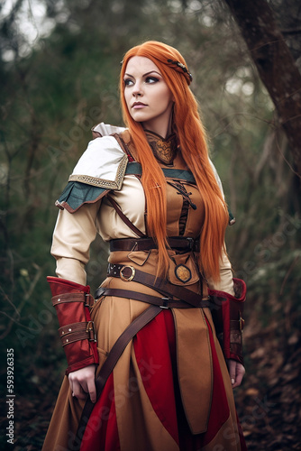 Young red-haired female warrior in medieval fantasy leather armor. Medieval cosplay created with generative AI photo