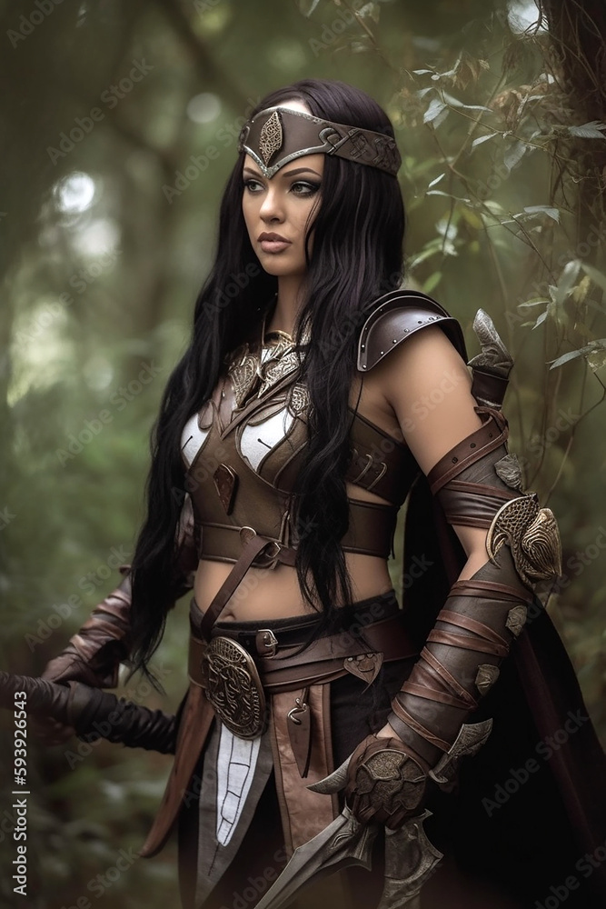 Obraz premium Young black-haired female warrior assassin in medieval fantasy leather armor. Medieval cosplay created with generative AI