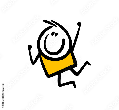 Joyful stickman junps and dance in good mood vector illustration.