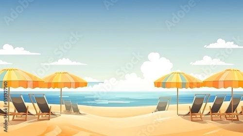 illustration of a beach with sand and sea view. umbrella and sunbeds on the resort beach. generative ai