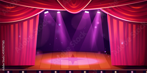 Theater concert stage with curtain cartoon scene background. Opera show spotlight in empty school hall for comedy performance. Open platform for opera play with magic bokeh sparkles light in center