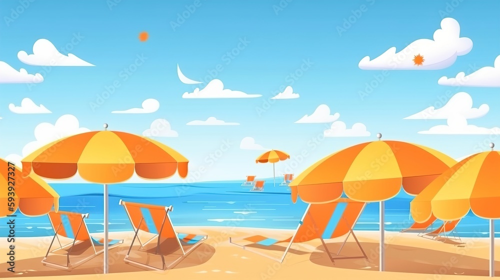 illustration of a beach with sand and sea view. umbrella and sunbeds on the resort beach. generative ai