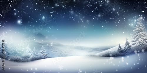 Weihnachten Hintergrund Winterlandschaft mit schneebedeckten Bäumen und Schneeflocken mit Platz für Text - mit KI erstellt  © Marc Kunze