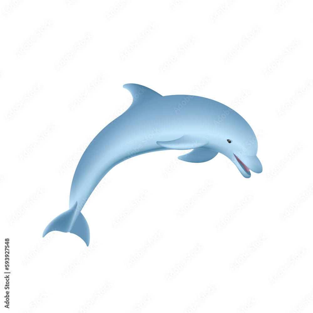 Fototapeta premium Dolphin 3d realistic illustration, blue animal on white isolated background