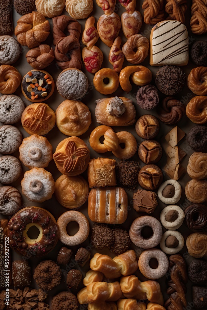 Aerial view of delicious pastries and bakery goods, generative ai