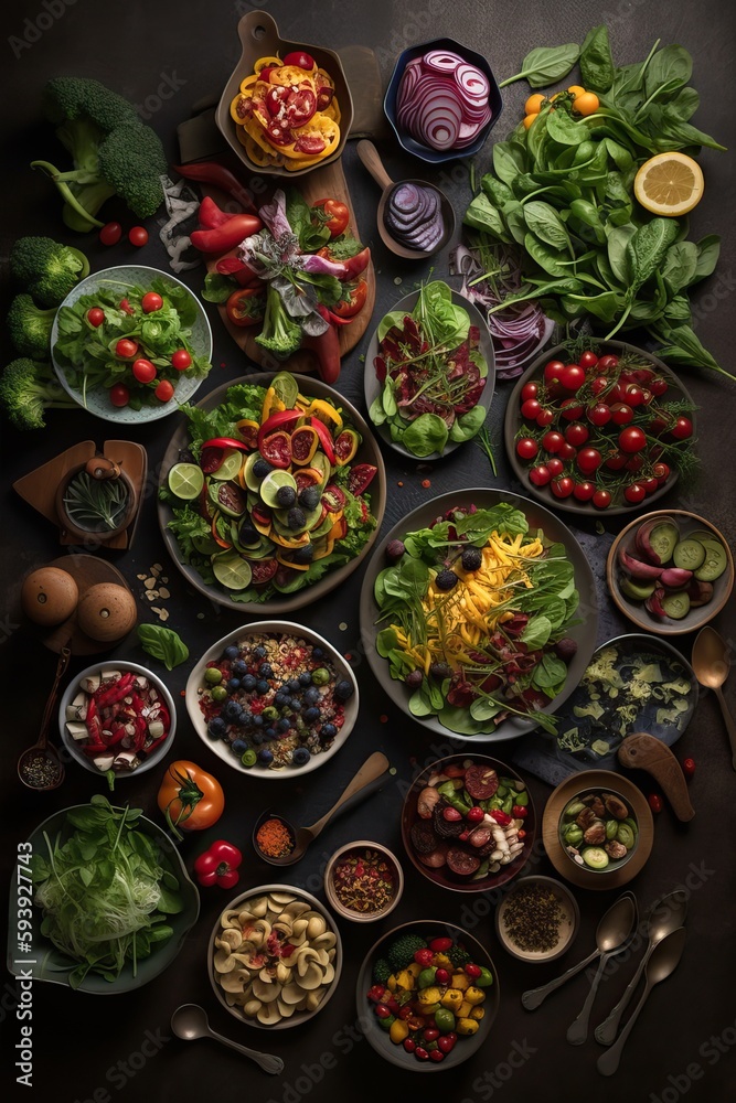 delicious salad bar overview on a slate background, generative ai