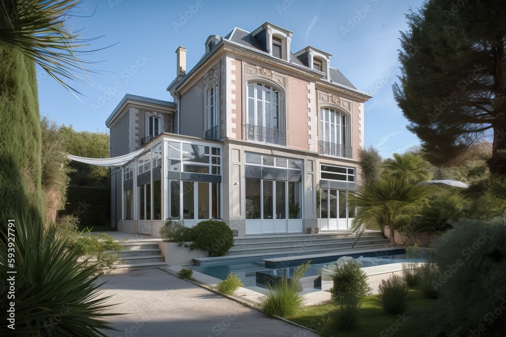 Luxury traditional French mansion with pool and garden, generative ai