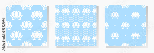 White lotus flowers on blue background. Floral vector seamless patterns collection. Best for textile, wallpapers, wrapping paper, package and home decoration.