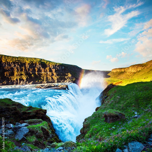 Magical charming bright colorful landscape with a famous Gullfoss waterfall in the sunrise in Iceland. Exotic countries. Amazing places. Popular tourist atraction. (Meditation, antistress - concept).