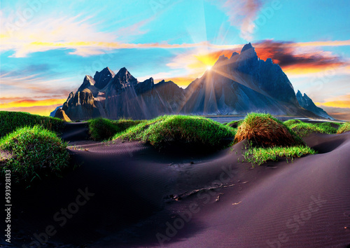 Obraz na płótnie Vestrahorn Scenic landscape with most beautiful mountains Vestrahorn on the Stokksnes peninsula and cozy lagoon with green grass on the sand dunes at sunset in Iceland. w salonie