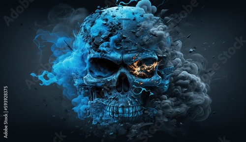 Human skull with dramatic lightning bolt isolated on blue background