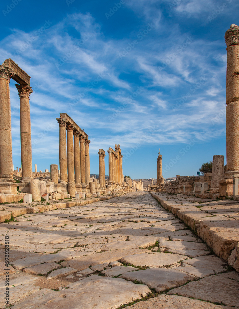 The Roman City of Gerasa (Jerash, Jordan). Main street of Jerash is Cardo Maximus. Via Cardo Maximus is perfectly straight street with high columns along sides.