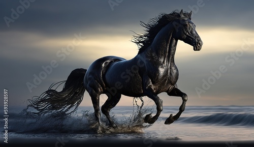 black horse running on water © Яна Деменишина