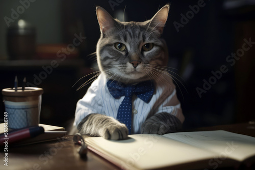 Cat Wearing Bowtie, Sitting At Desk With Pen In Its Paw, As If Working On Project. Generative AI