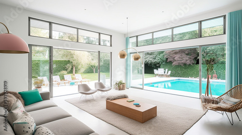 A living room of a beautiful bright modern Scandinavian style house with large windows opening  swimming pool  generative AI