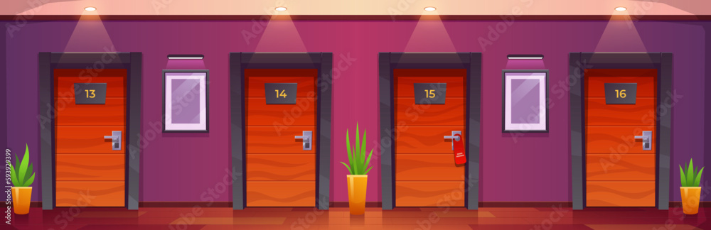 Hotel hallway corridor with apartment room door in building. Lobby interior with closed bedroom with lamp and light in motel aisle. Hostel or condominium illustration. Modern college campus design Hotel hallway corridor with apartment room door in building. Lobby interior with closed bedroom with lamp and light in motel aisle. Hostel or condominium illustration. Modern college campus design