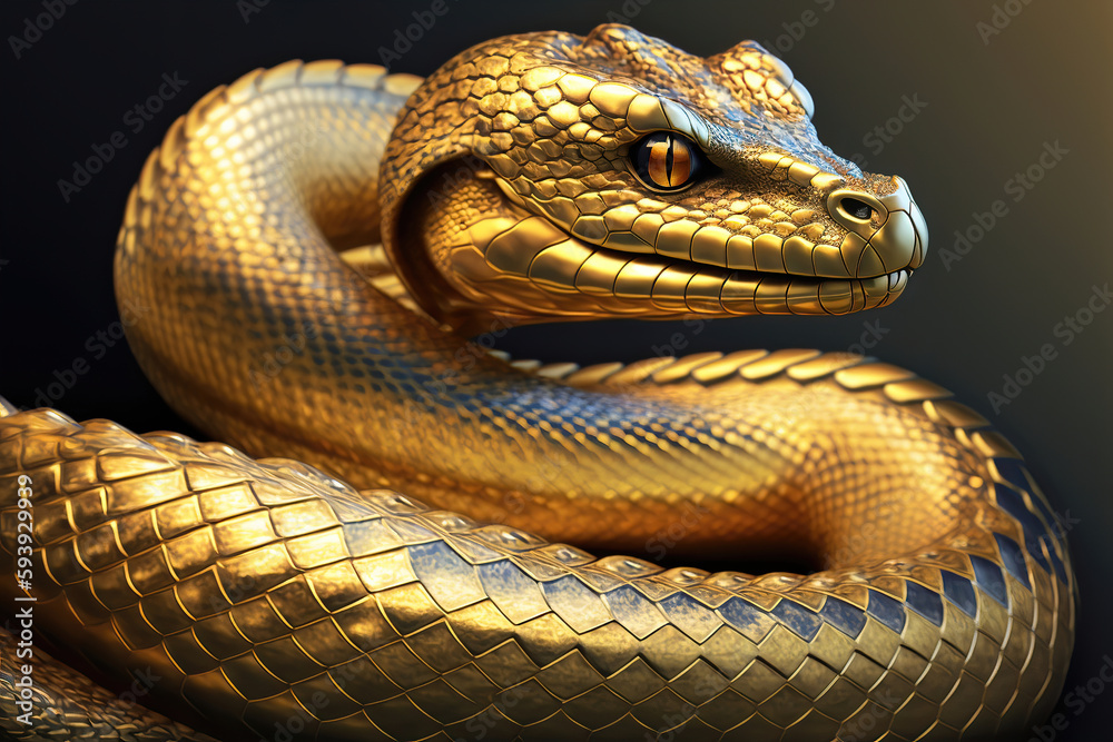 Fototapeta premium Golden snake, fantasy, illustration generative AI