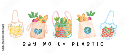 Group of Eco-Friendly reusable shopping bag full of fresh vegetables watercolor hand drawing illustration banner