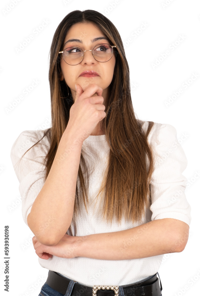 Minded woman, portrait of caucasian minded woman. Long haired lady looking up empty space, deep thinking touching chin wearing casual. Isolated white background, copy space. She found an idea. Minded woman, portrait of caucasian minded woman. Long haired lady looking up empty space, deep thinking touching chin wearing casual. Isolated white background, copy space. She found an idea.
