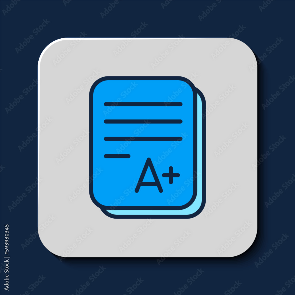 Filled outline Exam sheet with A plus grade icon isolated on blue background. Test paper, exam, or survey concept. School test or exam. Vector