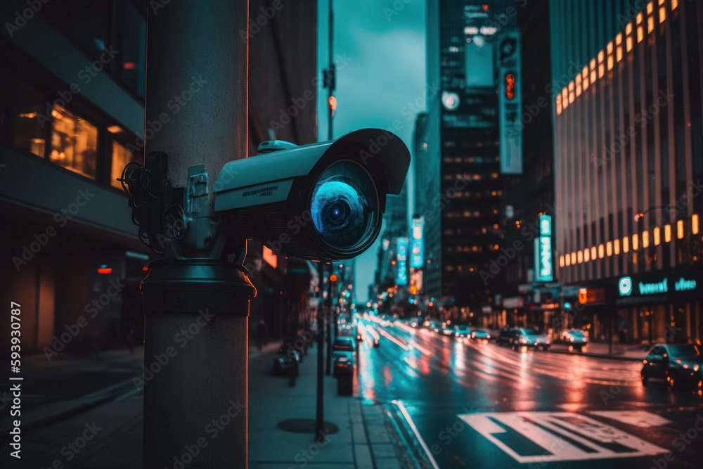 CCTV Camera Operating on the streets of the city, metropolis. security and crime tracking. ai generative CCTV Camera Operating on the streets of the city, metropolis. security and crime tracking. ai generative