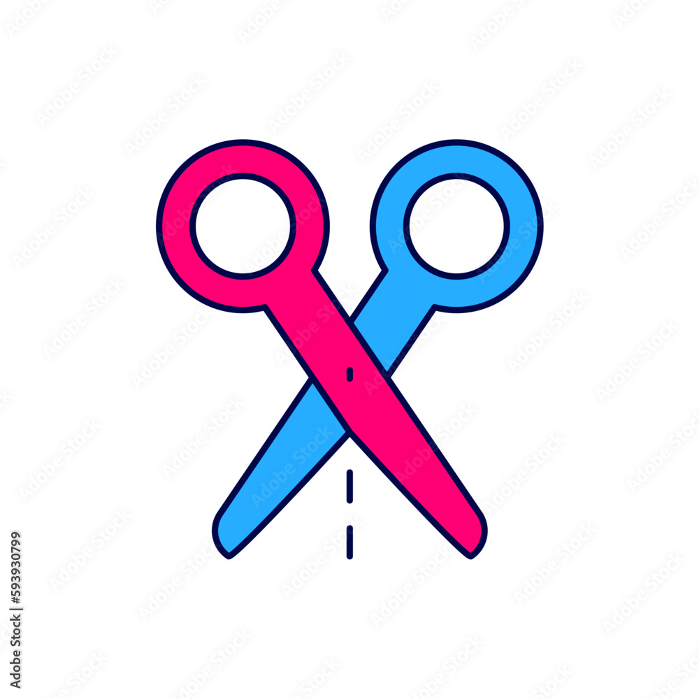 Filled outline Scissors with cut line icon isolated on white background. Tailor symbol. Cutting tool sign. Vector Filled outline Scissors with cut line icon isolated on white background. Tailor symbol. Cutting tool sign. Vector