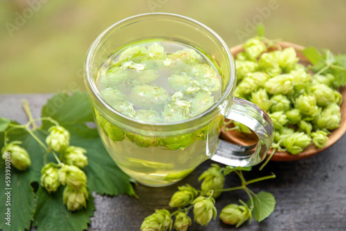 Herbal medicinal tea drink made of Humulus lupulus, the common hop or hops. Hops flowers with tea cup on white wood background, indoors home.