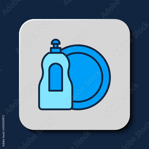 Filled outline Dishwashing liquid bottle and plate icon isolated on blue background. Liquid detergent for washing dishes. Vector