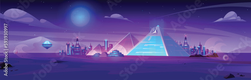 Night futuristic neon Egypt city with pyramid background. Dark cyber architecture in desert landscape with landmark. Illuminated purple ancient environment. Cairo dream cityscape with moon glow