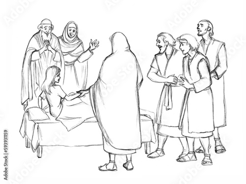 Obraz na plátně Healing of the daughter of Jairus. Pencil drawing
