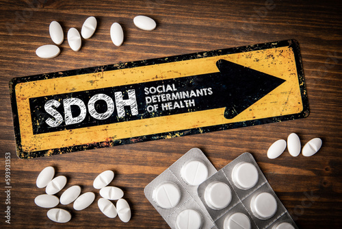 SDOH Social Determinants Of Health. Yellow direction sign with text and pills on wooden background photo