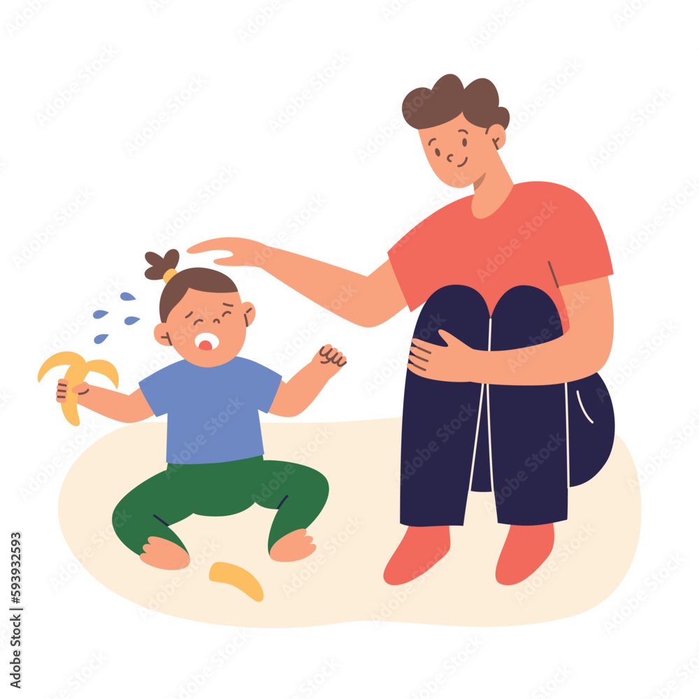 Father consoling crying baby, toddler meltdown, hand drawn composition, girl crying over broken banana, dad soothing screaming kid, vector illustrations of parenting challenges, comforting clipart