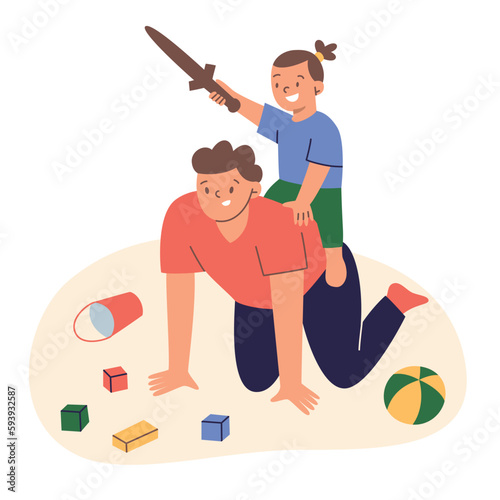 Father and daughter playing together, child riding on parent’s back, toddler having fun, parenting hand drawn composition, vector illustrations of knight game with wooden sword, doodle icons of toys