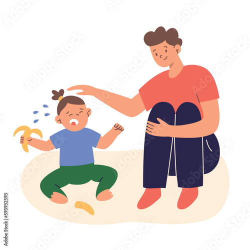 Father consoling crying baby, toddler meltdown, hand drawn composition, girl crying over broken banana, dad soothing screaming kid, vector illustrations of parenting challenges, comforting clipart