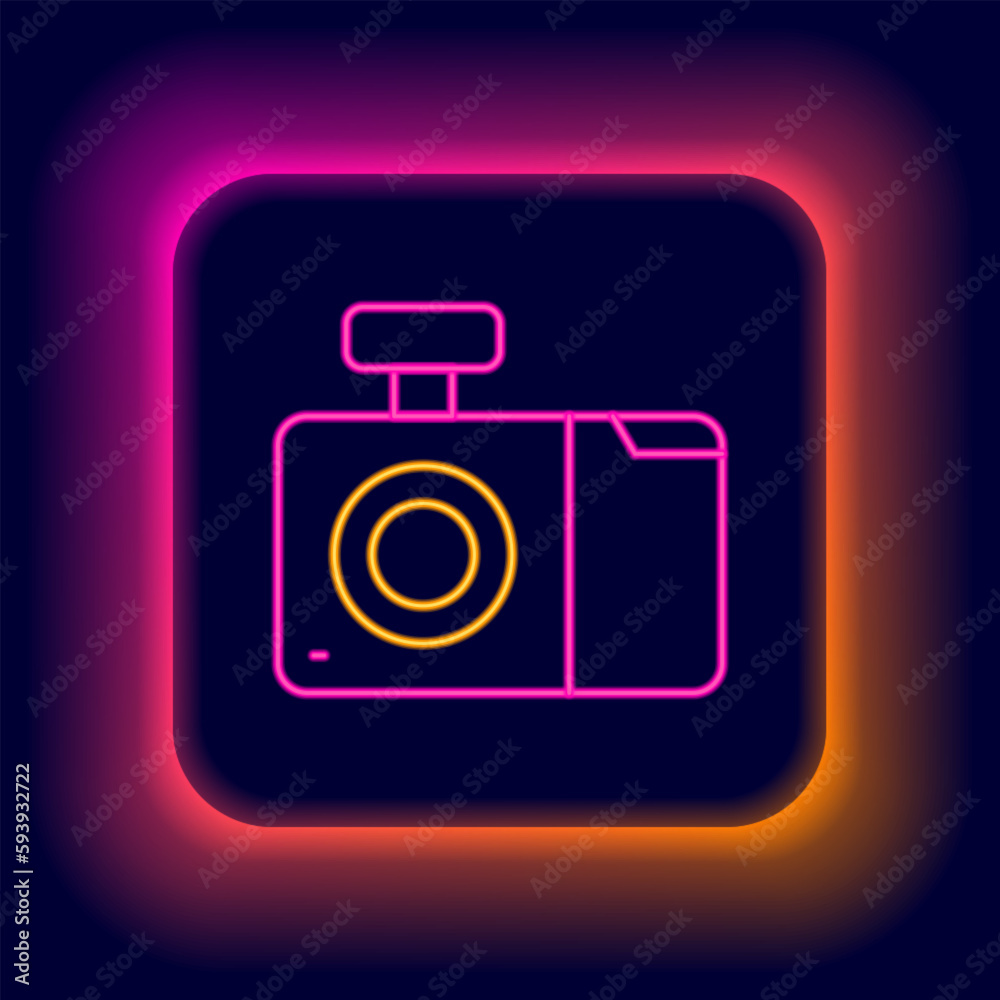 Glowing neon line Photo camera icon isolated on black background. Foto camera icon. Colorful outline concept. Vector Glowing neon line Photo camera icon isolated on black background. Foto camera icon. Colorful outline concept. Vector