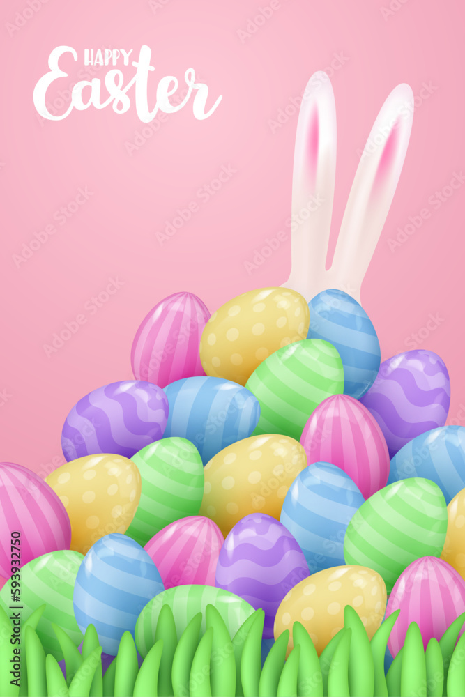 Poster with 3d colored eggs with and ears of rabbit, sitting in grass, mini eggs on pink background. Happy Easter poster. Vector illustration for card, party, design, flyer, banner, web, advertising.