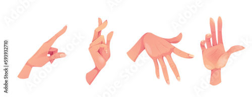 Hand gestures set. Female arm, palm with fingers in different poses. Icons of girl wrist with pointing forefinger, open palm, holding gesture isolated on white background, vector cartoon illustration