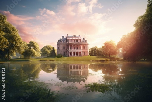 Summer landscape with a palace, a green lawn and a pond under pink clouds 3d illustration. Generative AI