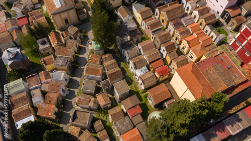 Aerial view of the municipal cemetery of Caserta, in Campania, Italy. There are many small chapels and tombs.