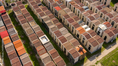 Aerial view of the municipal cemetery of Caserta, in Campania, Italy. There are many small chapels and tombs. photo